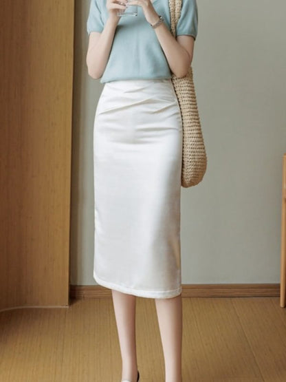 Mid Rise Plain Satin Midi Pencil Skirt
