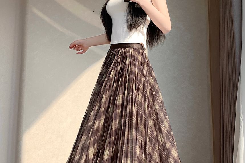Mid Rise Plaid Maxi A-Line Skirt