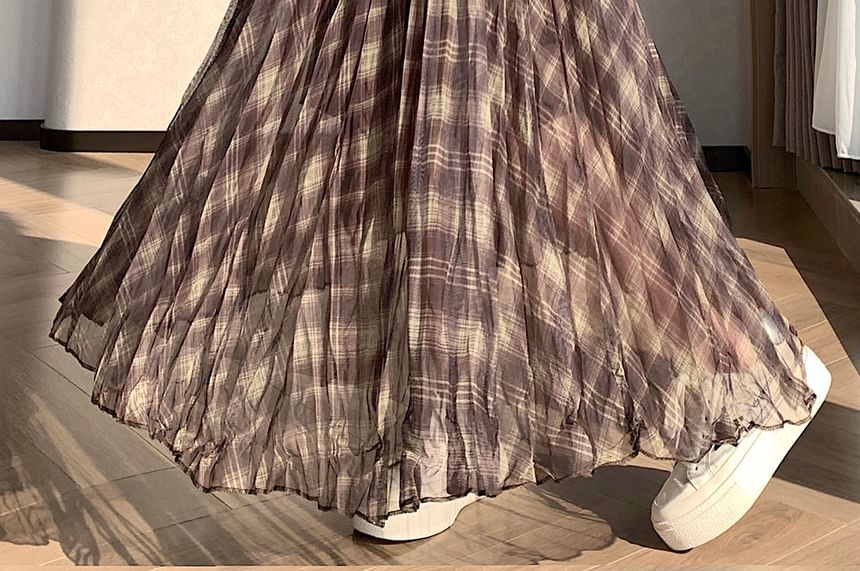 Mid Rise Plaid Maxi A-Line Skirt