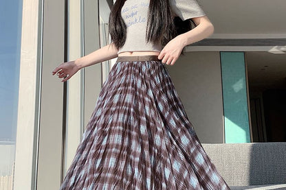 Mid Rise Plaid Maxi A-Line Skirt