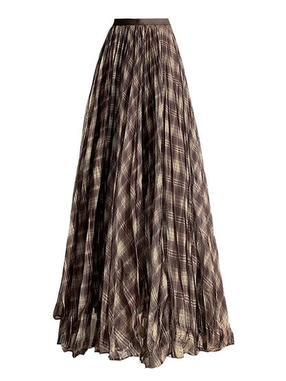 Mid Rise Plaid Maxi A-Line Skirt