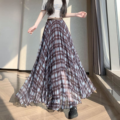 Mid Rise Plaid Maxi A-Line Skirt