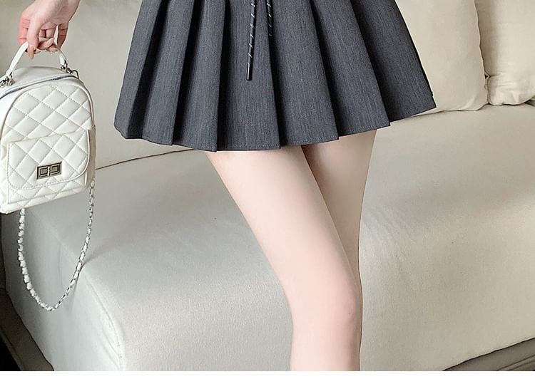 Drawstring Double Waist Plain Mini Pleated Skirt