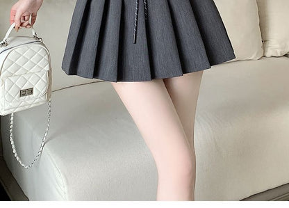 Drawstring Double Waist Plain Mini Pleated Skirt