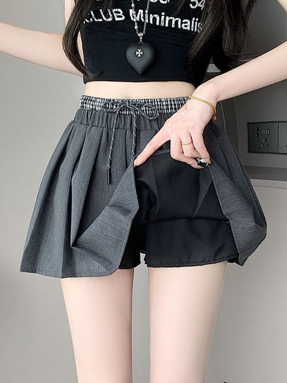 Drawstring Double Waist Plain Mini Pleated Skirt