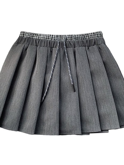 Drawstring Double Waist Plain Mini Pleated Skirt
