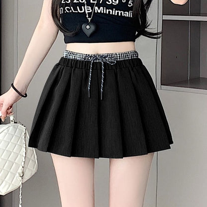 Drawstring Double Waist Plain Mini Pleated Skirt