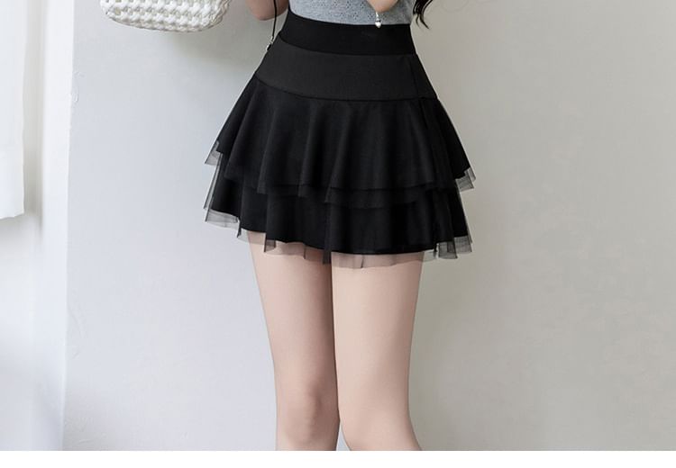 High Waist Plain Sheer Panel Mini A-Line Skirt