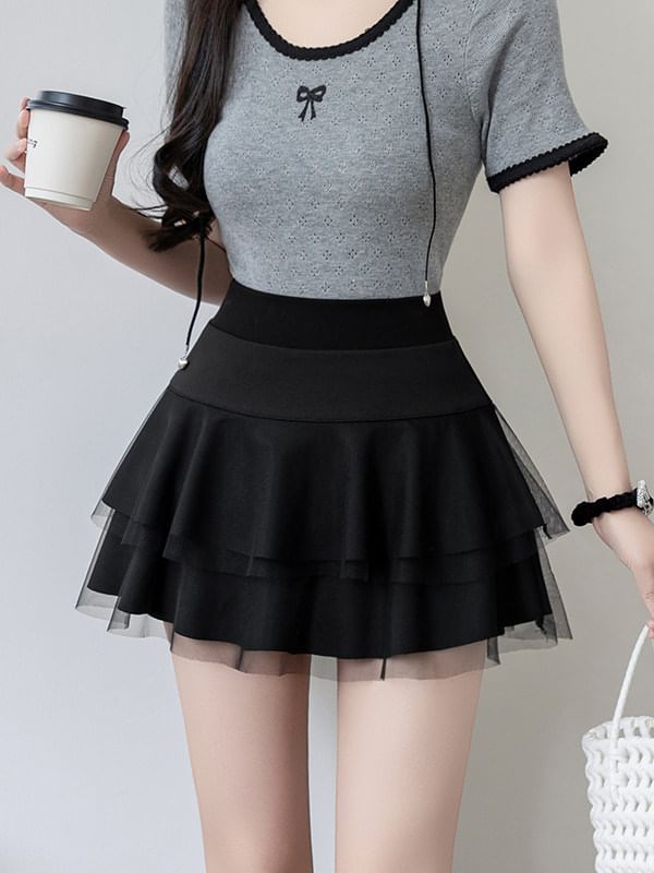 High Waist Plain Sheer Panel Mini A-Line Skirt