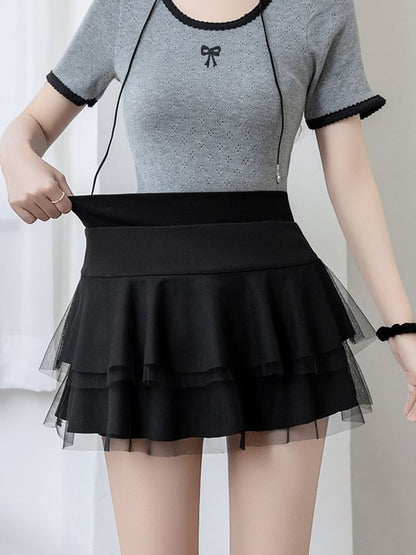 High Waist Plain Sheer Panel Mini A-Line Skirt
