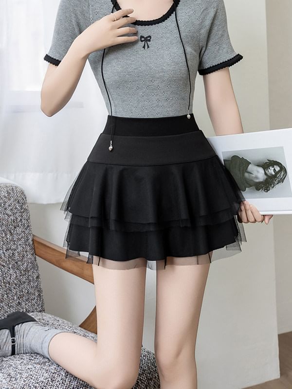 High Waist Plain Sheer Panel Mini A-Line Skirt