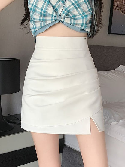 High Waist Plain Ruched Mini A-Line Skirt