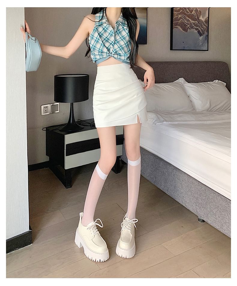 High Waist Plain Ruched Mini A-Line Skirt