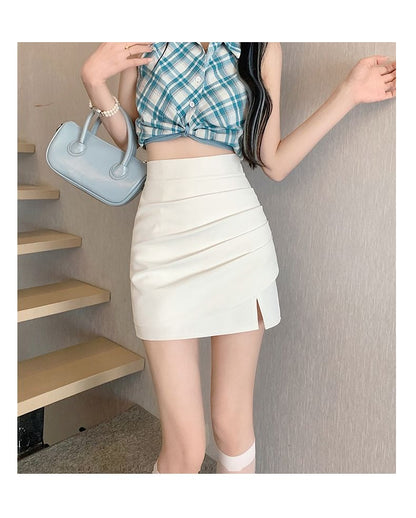 High Waist Plain Ruched Mini A-Line Skirt