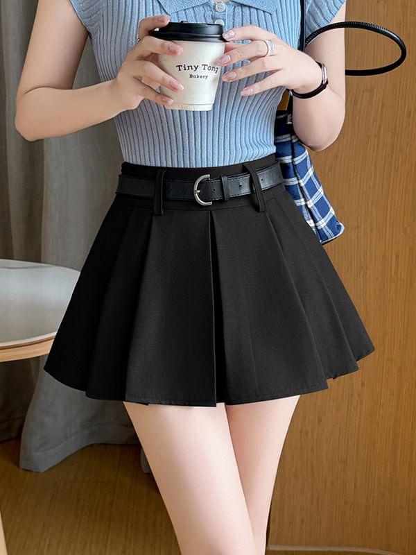 High Waist Plain Mini Pleated Skirt