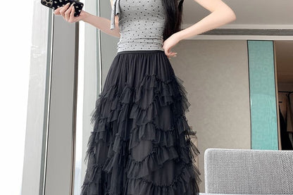 Mid Rise Plain Tiered Maxi A-Line Skirt