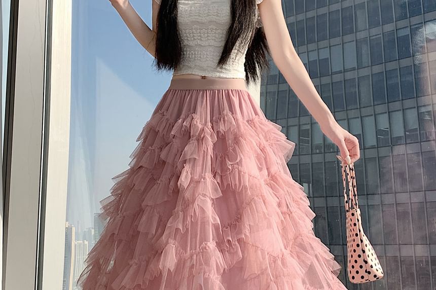 Mid Rise Plain Tiered Maxi A-Line Skirt