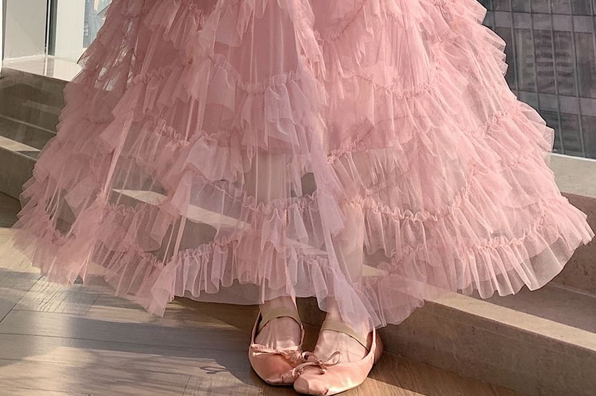 Mid Rise Plain Tiered Maxi A-Line Skirt