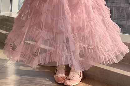 Mid Rise Plain Tiered Maxi A-Line Skirt