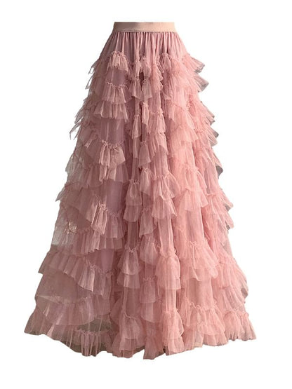 Mid Rise Plain Tiered Maxi A-Line Skirt