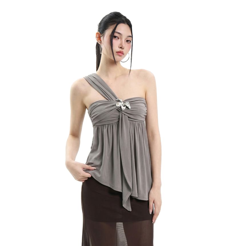 Asymmetrical One-Shoulder Ruched Tank with Metal Detail