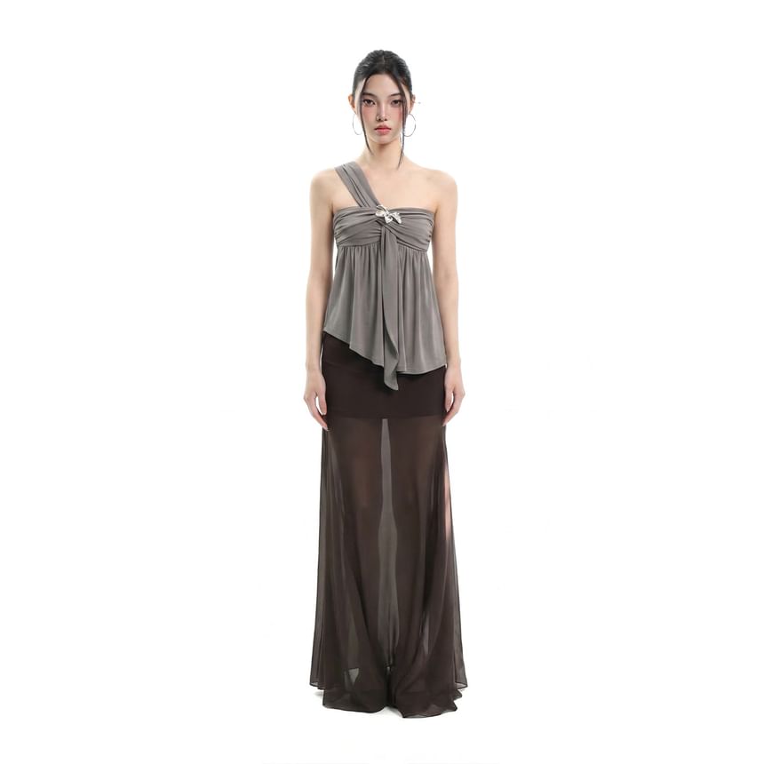 Asymmetrical One-Shoulder Ruched Tank with Metal Detail
