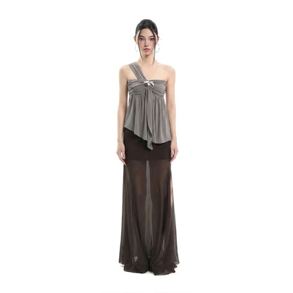 Asymmetrical One-Shoulder Ruched Tank with Metal Detail