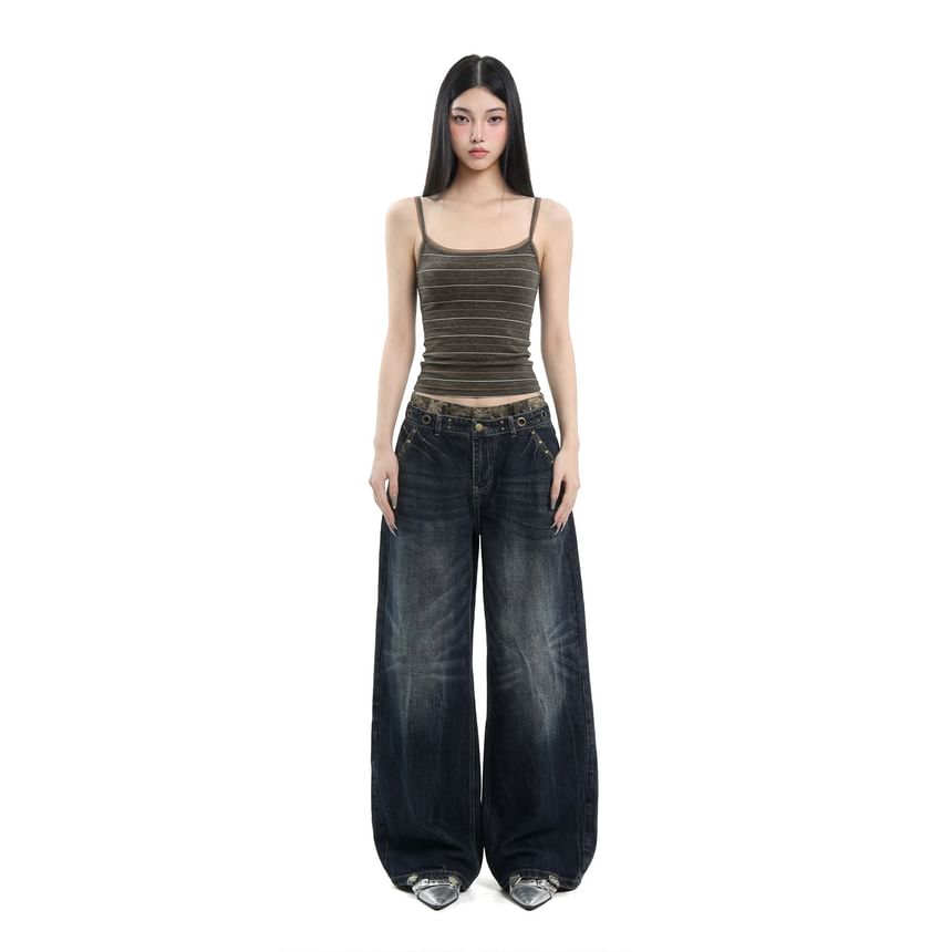 Slim-Fit Striped Crop Camisole with Two-Tone Look