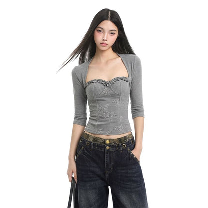 Sweetheart Lace-Panel Frill-Trim Three-Quarter Sleeve Crop Tee
