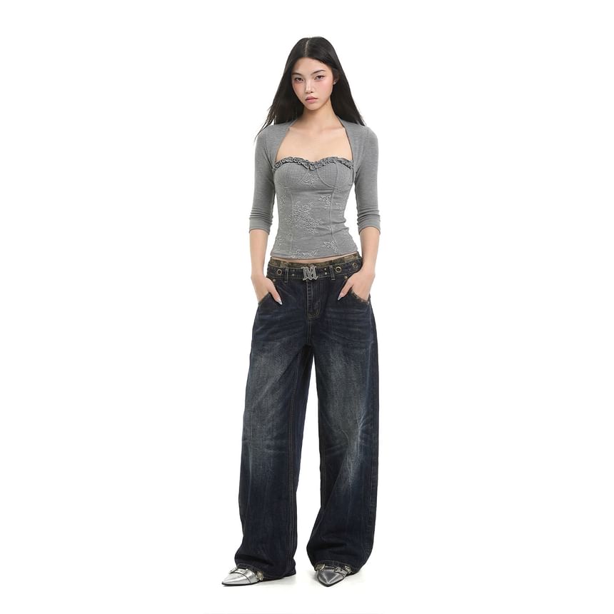 Sweetheart Lace-Panel Frill-Trim Three-Quarter Sleeve Crop Tee