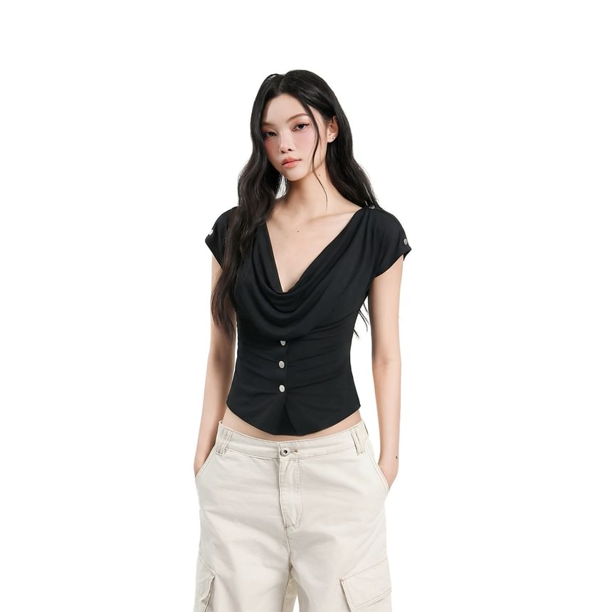 Buttoned Cowl-Neck Cap-Sleeve Fitted Crop Tee