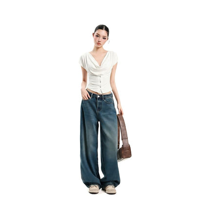 Buttoned Cowl-Neck Cap-Sleeve Fitted Crop Tee