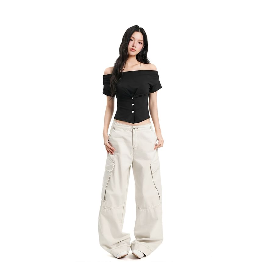 Buttoned Cowl-Neck Cap-Sleeve Fitted Crop Tee