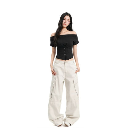 Buttoned Cowl-Neck Cap-Sleeve Fitted Crop Tee