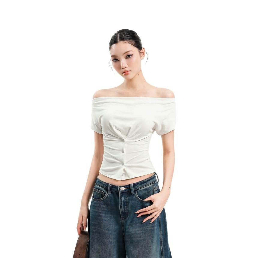 Buttoned Cowl-Neck Cap-Sleeve Fitted Crop Tee