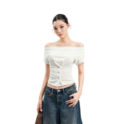 Buttoned Cowl-Neck Cap-Sleeve Fitted Crop Tee