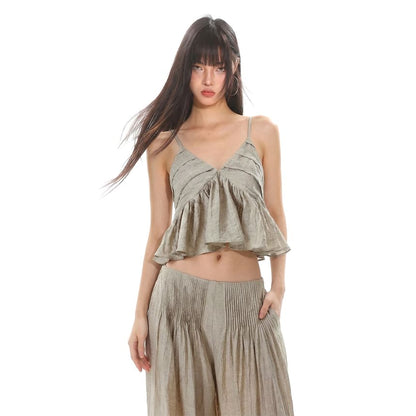 Flowy V-Neck Crop Camisole Paired with Pintuck Wide-Leg Trousers
