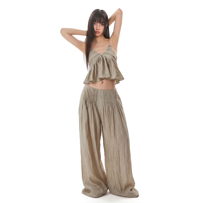 Flowy V-Neck Crop Camisole Paired with Pintuck Wide-Leg Trousers