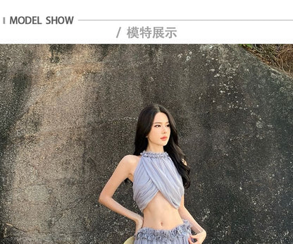 Set: Sleeveless Plain Crop Top + Mid Waist Maxi Skirt