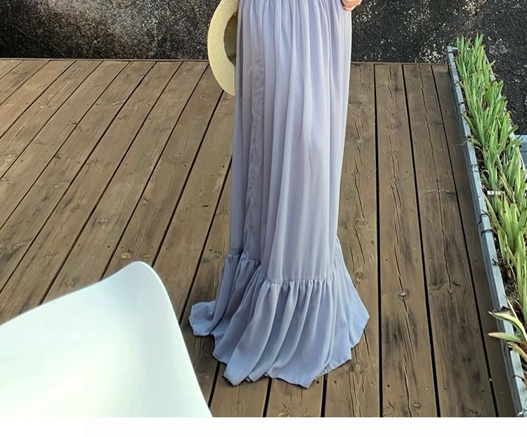 Set: Sleeveless Plain Crop Top + Mid Waist Maxi Skirt
