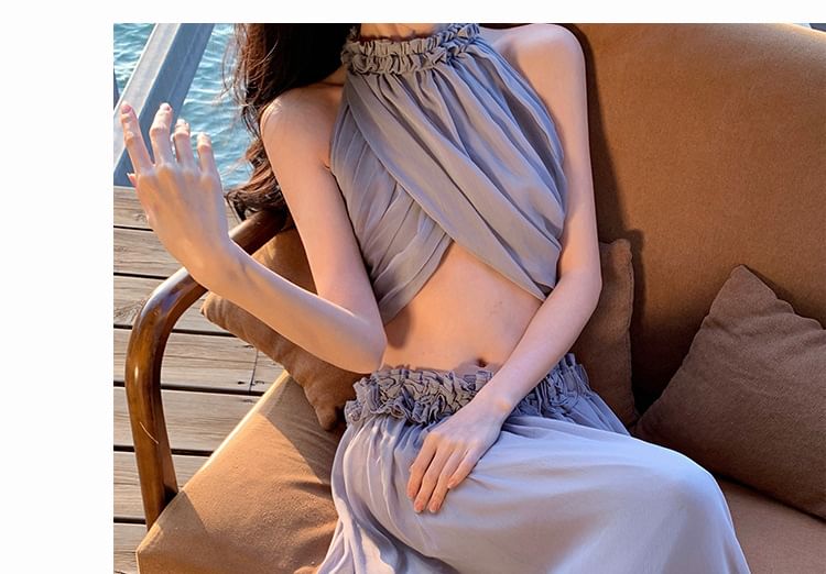 Set: Sleeveless Plain Crop Top + Mid Waist Maxi Skirt