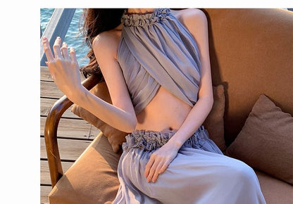 Set: Sleeveless Plain Crop Top + Mid Waist Maxi Skirt