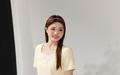 Lace-Trimmed V-Neck Short-Sleeve Blouse