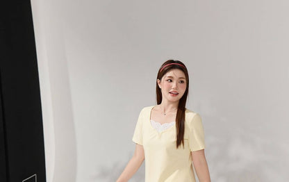 Lace-Trimmed V-Neck Short-Sleeve Blouse