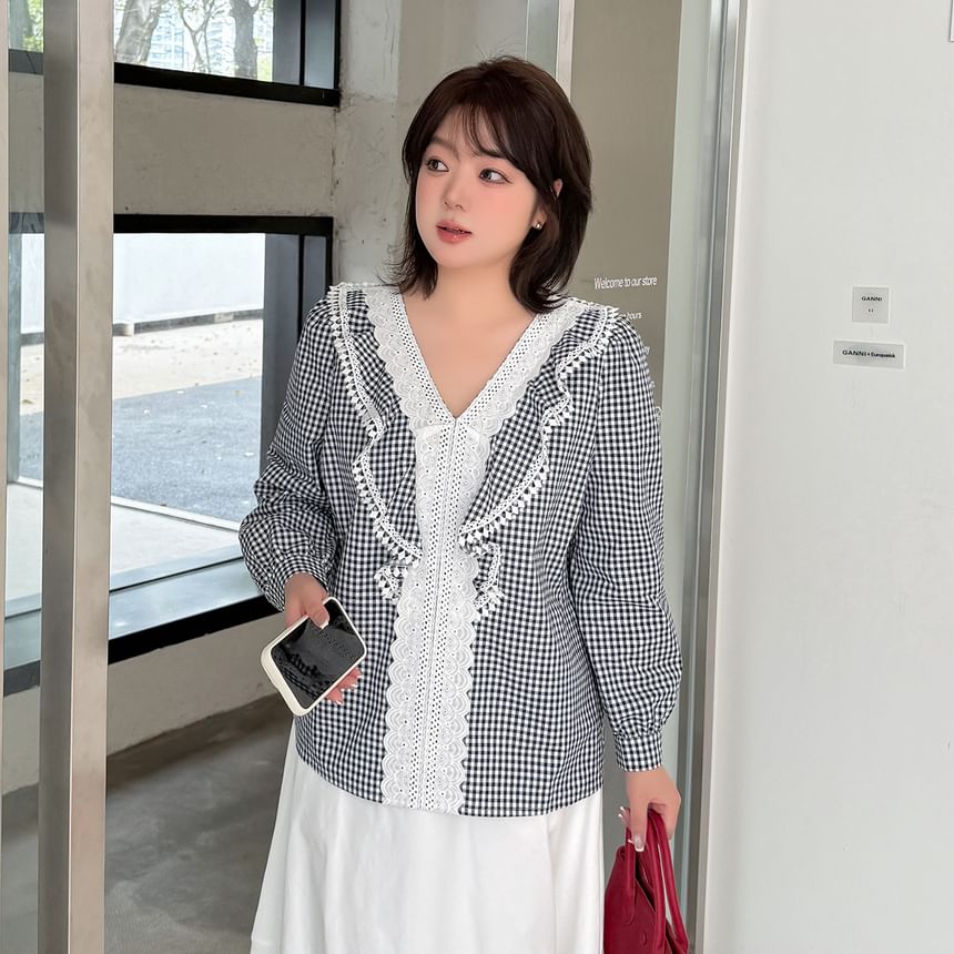 Lace Panel Plaid V-Neck Blouse