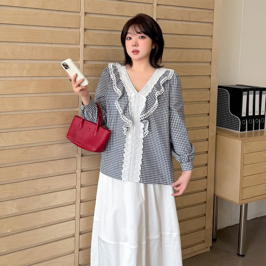 Lace Panel Plaid V-Neck Blouse