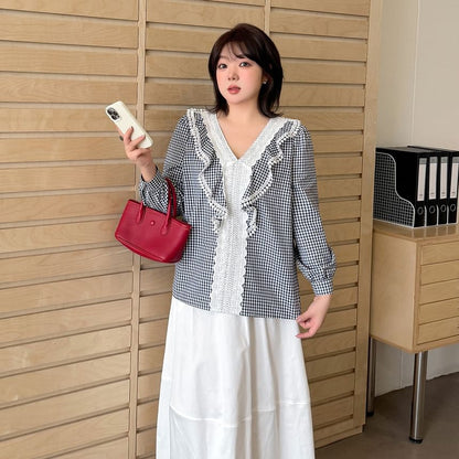 Lace Panel Plaid V-Neck Blouse