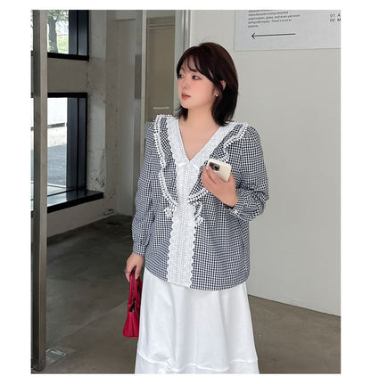 Lace Panel Plaid V-Neck Blouse