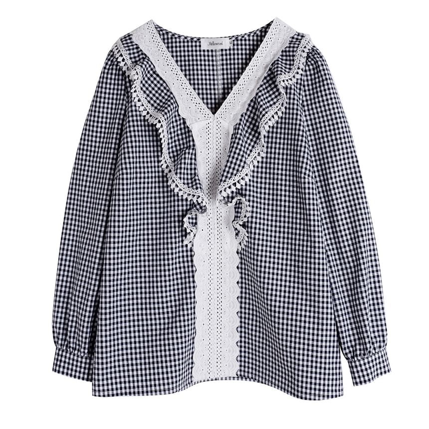 Lace Panel Plaid V-Neck Blouse