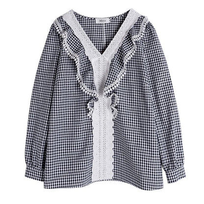 Lace Panel Plaid V-Neck Blouse